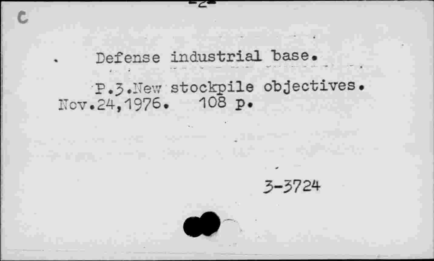 ﻿ro
Defense industrial "base.
.J.lJew stockpile objectives 4,1976.	108 p.
3-5724